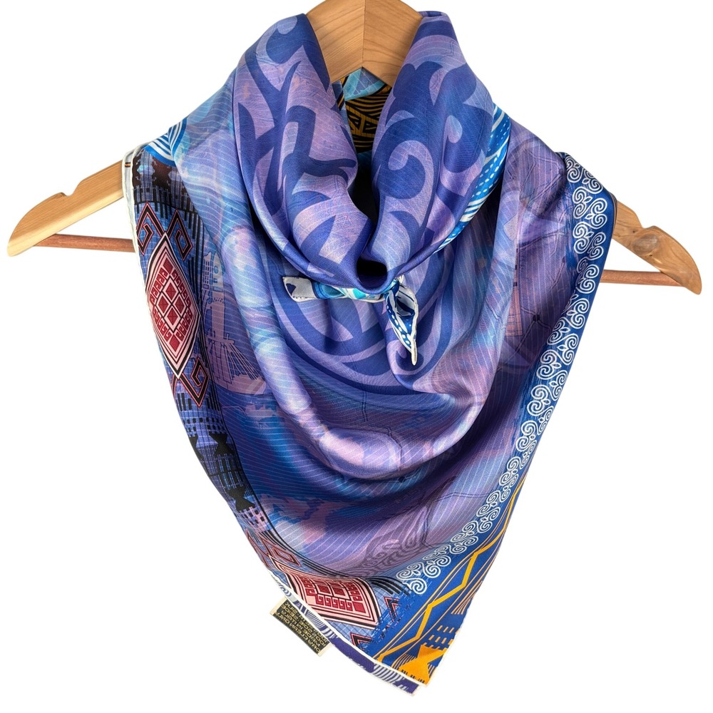 NWOT Empire of Kazakhstan Silk Scarf 35 X 35 Blue Geometric Luxury Gift Italy